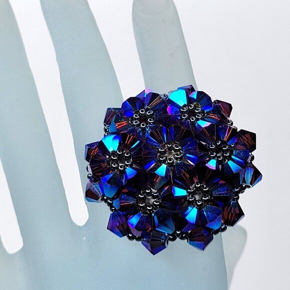 Blue Purple Bicone Crystals Ring Cluster Ring Glitter Beaded Stretch Ring - Picture 7 of 10